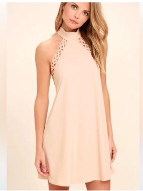 Lulu's Blush Pink High-Neck Crochet Trim Halter Dress M